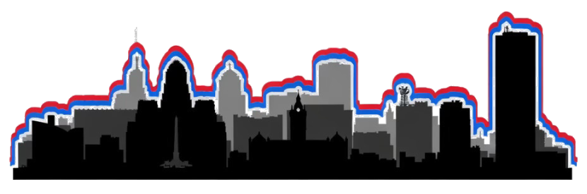 Buffalo skyline illustration in red, white and blue